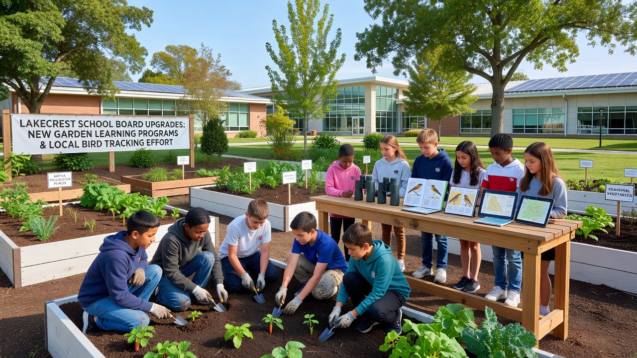 Students using tablets to record bird sightings in a Lakecrest school garden equipped with monitoring sensors