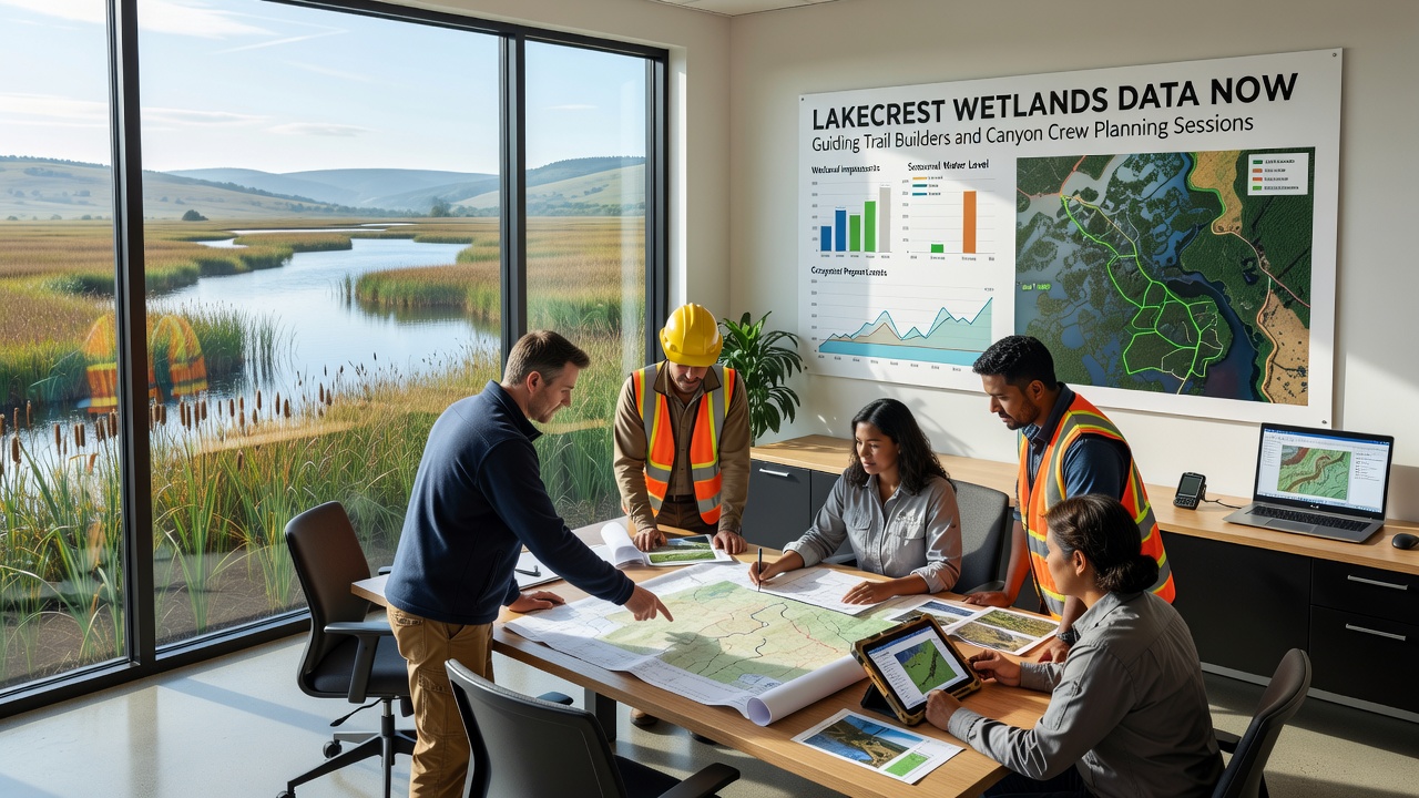 Canyon crew members examining wetlands data overlays during a September 2026 planning meeting