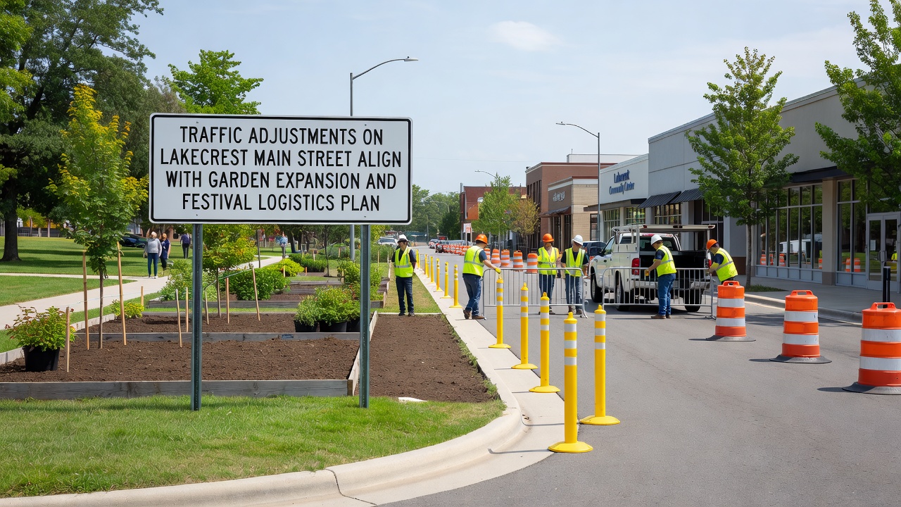 Construction crews working on garden expansion next to adjusted traffic lanes on Lakecrest Main Street